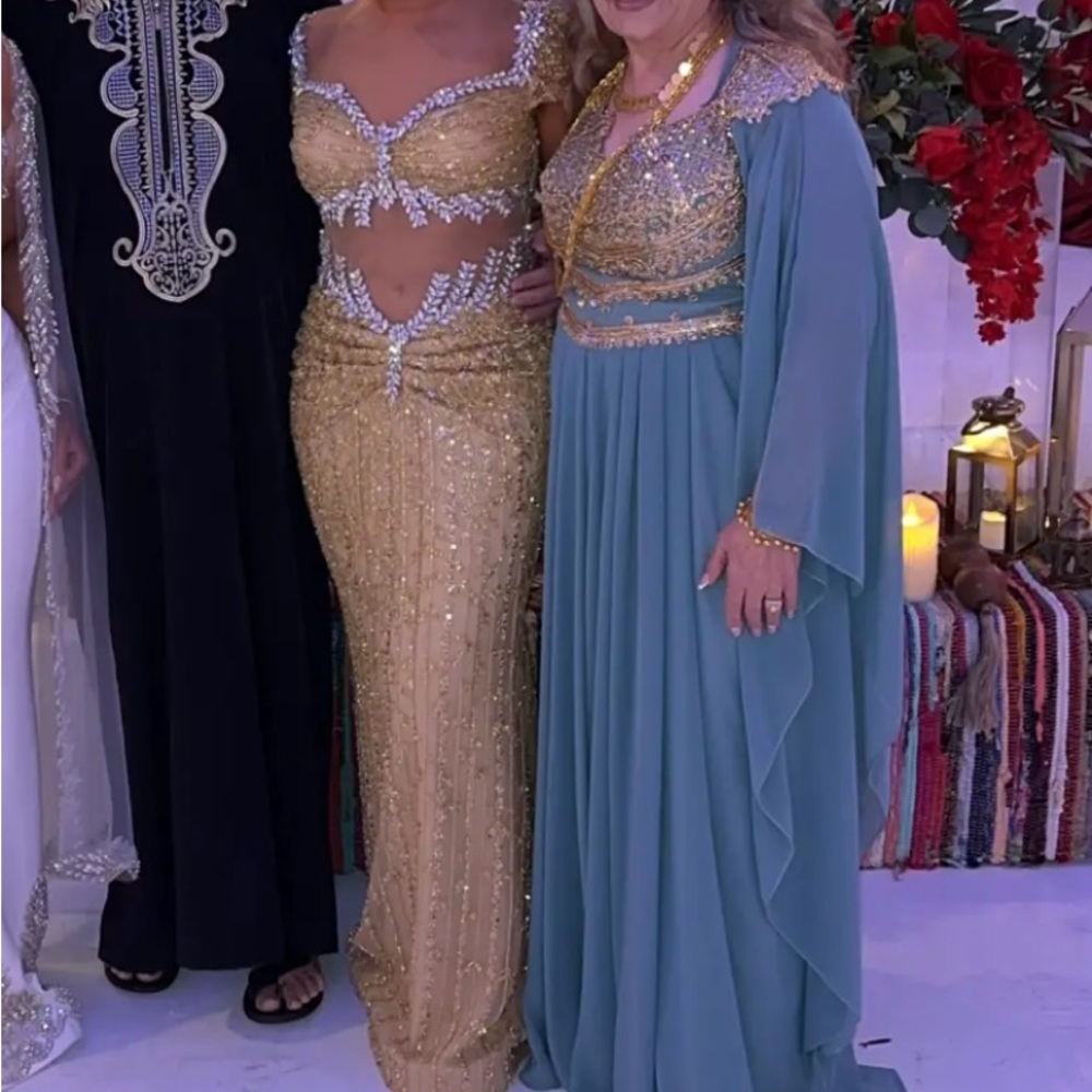 custom gold beaded gown w/ mesh & ruched detail